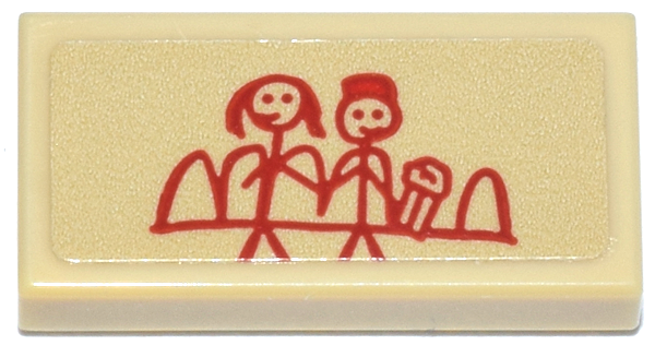 Lego Tile 1 x 2 with Red Stick Figure Drawing Pattern (Sticker) - Set 11370 / Tan