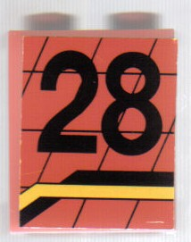 Lego Panel 1 x 2 x 2 - Solid Studs with Black Number 28 and Angled Black and Yellow Lines Pattern Model Left Side (Sticker) - Set 8808