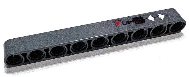 Lego Technic, Liftarm Thick 1 x 9 with Red Triangle, Black Crane Hook and White Double Arrows Pattern (Sticker) - Set 42097 / Dark Bluish Gray