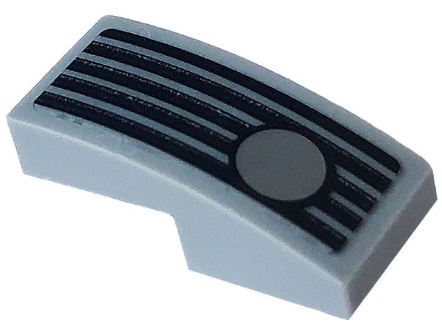 Lego Slope, Curved 2 x 1 x 2/3 with Black Grille and Silver Light Pattern Model Left Side (Sticker) - Set 76903 / Light Bluish Gray