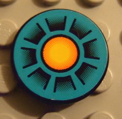 Lego Tile, Round 2 x 2 with Dark Turquoise, Orange Circle, Black Wedges Pattern (Sticker) - Set 8266 / Black