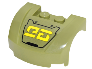 Lego Vehicle, Mudguard 3 x 4 x 1 2/3 Curved Front with Black Outline and Yellow Characters Pattern (Sticker) - Set 70592 / Olive Green