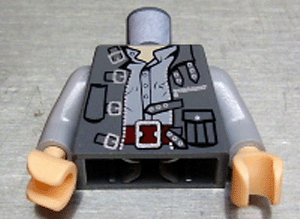 Lego Torso Jacket Open with Zipper, Pocket, and Straps with Buckles over Light Bluish Gray Shirt with Buttons, Dark Red Belt with Silver Buckle, Light Nougat Neck Pattern / Light Bluish Gray Arms / Light Nougat Hands