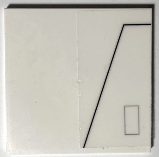 Lego Tile 6 x 6 with Bottom Tubes, Textured Surface with Hull Plates, Dark Bluish Gray Rectangle and Black Bent Line Pattern Model Right Side (Sticker) - Set 75309 / White