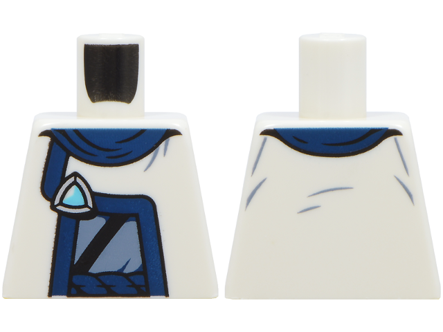 Lego Torso Robe, Medium Azure and Silver Brooch, Dark Blue Trim, Collar and Rope Belt, Sand Blue Robe with Black Trim Pattern / White