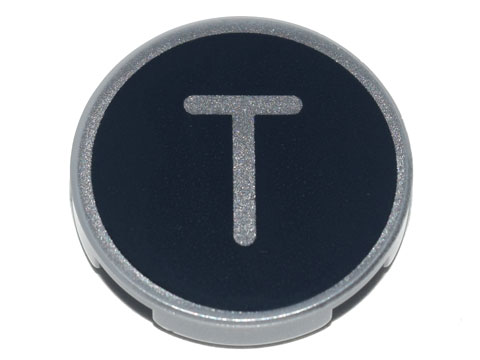 Lego Tile, Round 2 x 2 with Bottom Stud Holder with Silver Capital Letter T on Black Background Pattern