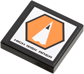 Lego Tile 2 x 2 with 'HIGH RISK AREA' and Orange Hexagon with Black Border and White Triangle Pattern (Sticker) - Set 7690
