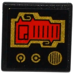 Lego Road Sign 2 x 2 Square with Open O Clip with Red Screen, 2 Gold Knobs and Speaker Grille Pattern (Sticker) - Set 70738 / Black