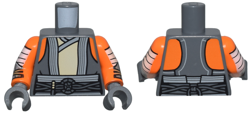 Lego Torso SW Vest Open with Light Bluish Gray Trim over Tan Tunic, Belt with Cords and Ring, Orange Shoulders Pattern / Orange Arms with White Wrappings and Silver Bracers Pattern / Dark Bluish Gray Hands