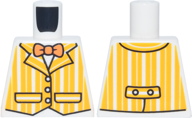 Lego Torso Vest with Bright Light Orange Vertical Stripes, Black Trim and Pockets, Orange Bow Tie Pattern