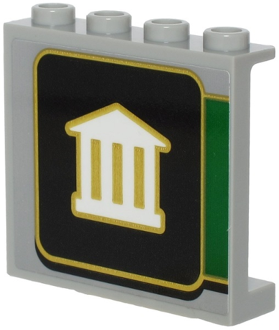 Lego Panel 1 x 4 x 3 with Side Supports - Hollow Studs with White Bank Logo with Gold Outline on Black Background Pattern (Sticker) - Set 60245