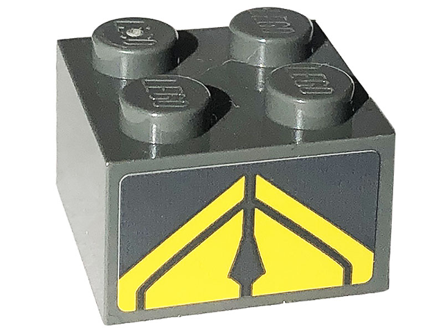 Lego Brick 2 x 2 with Yellow Panels and Stripes on Dark Bluish Gray Background Pattern (Sticker) - Set 76903