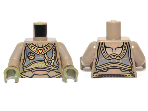Lego Torso Dark Silver Chest Armor with Gold Trim, Chains, Insect Pin and Elaborate Neckline with Red Jewels over Exoskeleton Segments with Nougat Spots Pattern / Dark Tan Arms / Olive Green Hands