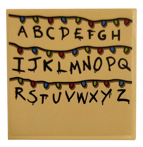 Lego Tile 6 x 6 with Bottom Tubes, Textured Surface with Black Alphabet Letters and Multicolored Christmas Lights on Tan Background Pattern (Sticker) - Set 75810