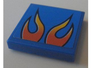 Lego Tile 2 x 2 with Orange Flames on Blue Background Pattern (Sticker) - Set 8154 / Blue
