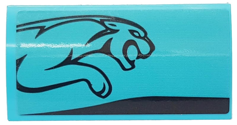 Lego Slope, Curved 2 x 4 x 2/3 with Bottom Tubes with Black Stripe and Leaping Jaguar on Medium Azure Background Pattern Model Right Side (Sticker) - Set 76898