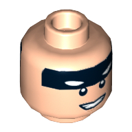 Lego Minifig Head Batman, Black Stripe on Forehead, Squinted Eyes, Neutral / Grin Print / Light Nougat