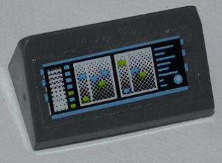 Lego Slope 30 1 x 2 x 2/3 with Screens and Light Blue and Lime Buttons and Lights Pattern (Sticker) - Set 6873 / Dark Bluish Gray