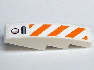 Lego Slope, Curved 4 x 1 with Orange and White Diagonal Stripes Pattern (Sticker) - Set 7738 / White