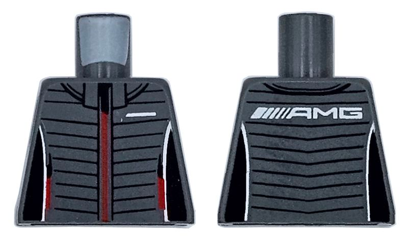 Lego Torso Racing Jacket with Black Trim and Stripes, Red Zipper and Pockets, and White AMG Logo on Back Pattern / Dark Bluish Gray