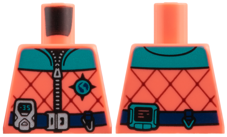 Lego Torso Jacket, Dark Turquoise Shoulders, Arctic Explorer Logo, Dark Red Diagonal Lines, Dark Blue Belt with Silver Buckle and Gadget Pattern / Coral