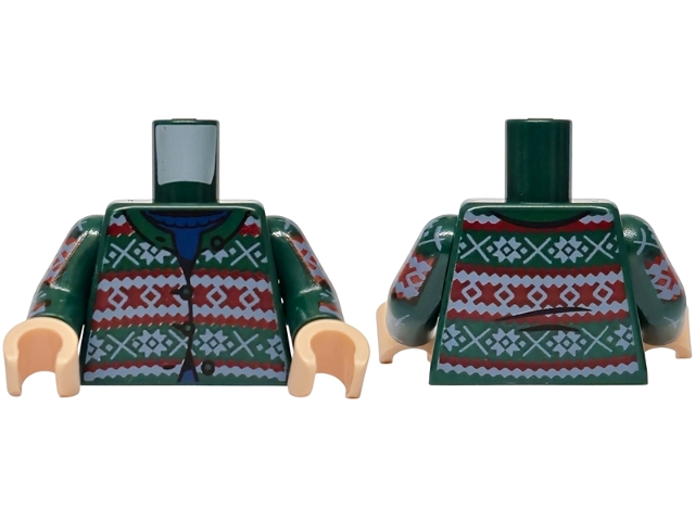 Lego Torso Fair Isle Cardigan Sweater with Red and White Stripes across Top, Middle and Bottom over Blue Shirt Pattern / Dark Green Arms with Fair Isle Pattern / Light Nougat Hands