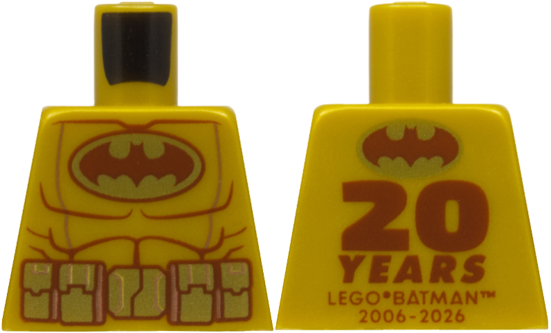 Lego Torso Batman Suit with Dark Brown Bat in Gold Oval Logo, Utility Belt with Pouches, Muscles Outline, '20 YEARS LEGO BATMAN 2006 - 2026' on Back Pattern / Pearl Gold