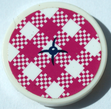 Lego Tile, Round 2 x 2 with Bottom Stud Holder with Cushion with Dark Blue Button, Magenta and White Checkered Pattern (Sticker) - Set 41364 / White