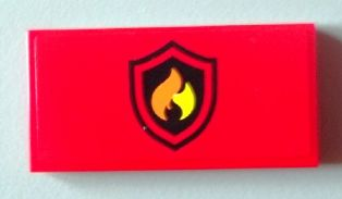 Lego Tile 2 x 4 with Black and Yellow Fire Logo Badge Pattern (Sticker) - Set 60004 / Red