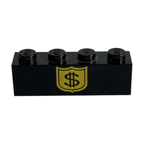 Lego Brick 1 x 4 with Black Dollar Sign on Yellow Badge Print / Black