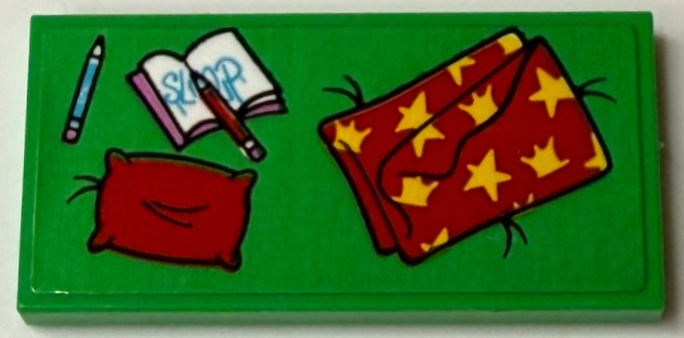 Lego Tile 2 x 4 with Cushion with Pillow, Red Blanket with Yellow Stars, Pencils and Notebook with 'Sleep' Pattern (Sticker) - Set 71461 / Bright Green