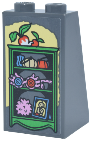 Lego Slope 75 2 x 2 x 3 - Solid Studs with Bright Green Shelf with Framed Portrait, Radishes, Bright Pink Glasses and Pygmy Puff on Bright Light Yellow Background Pattern (Sticker) - Set 76467