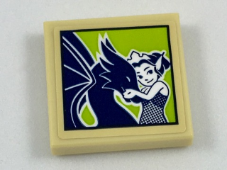 Lego Tile 2 x 2 with Framed Picture of Dark Blue Dragon and Rosalyn Nightshade on Lime Background Pattern (Sticker) - Set 41187