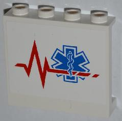 Lego Panel 1 x 4 x 3 with Side Supports - Hollow Studs with Red Heart Monitor Line and EMT Star of Life Pattern Model Left Side (Sticker) - Set 4429 / White
