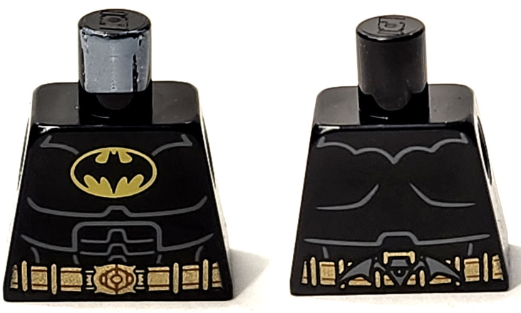 Lego Torso Batman Logo, Dark Bluish Gray Armor Contour Lines, Gold Utility Belt with Batarang on Back Pattern / Black