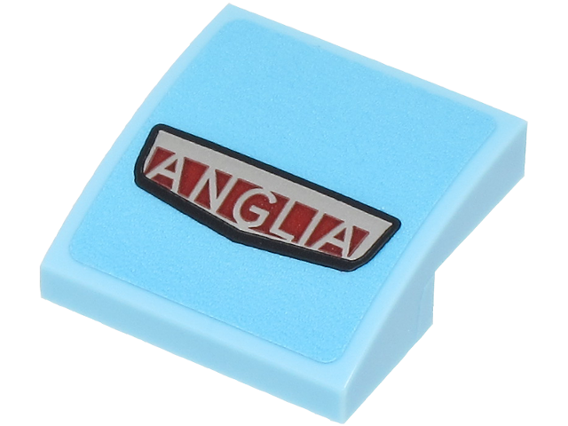 Lego Slope, Curved 2 x 2 x 2/3 with Dark Red and Silver Ford Anglia Logo Pattern (Sticker) - Set 76470 / Bright Light Blue
