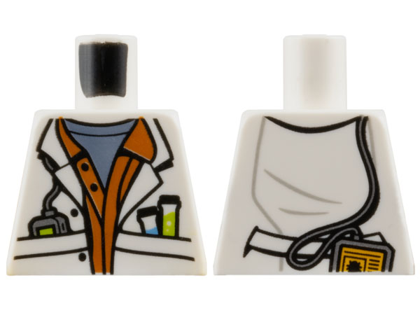 Lego Torso Lab Coat Open with Pockets over Dark Orange Shirt and Sand Blue Undershirt, Test Tubes and Electronic Device Pattern / White