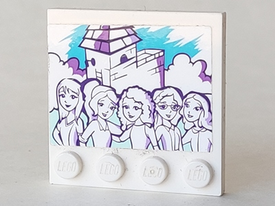 Lego Tile, Modified 4 x 4 with Studs on Edge with Drawing of 5 Friends Girls, Clouds, and Building Pattern (Sticker) - Set 41332