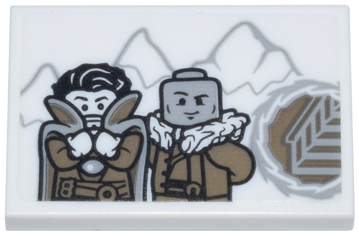 Lego Tile 2 x 3 with Doctor Strange with Cape and Wong with Fur Collar, Light Bluish Gray Mountains and Portal to Dark Tan Staircase Pattern (Sticker) - Set 76218 / White