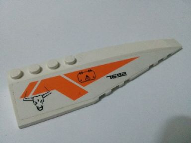 Lego Wedge 12 x 3 Right with '7692', Hatch, Bulls Head and Orange Stripes Pattern (Sticker) - Set 7692 / White