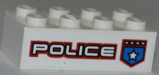 Lego Brick 2 x 4 with Police White Star Badge and White 'POLICE' with Red Outline Pattern Model Right Side (Sticker) - Set 8301