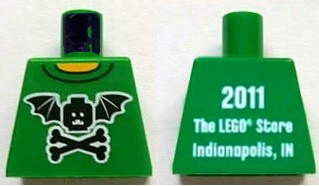 Lego Torso Black Bat Minifigure Head with Wings and Crossbones, Yellow Neck, '2011 The LEGO Store Indianapolis, IN' on Back Pattern / Green
