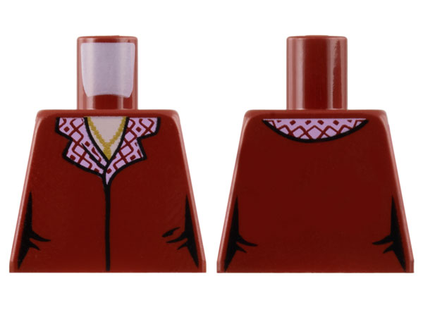 Lego Torso Female Vest Closed with Bright Pink Collar with Diamonds, Gold Pendant Necklace, Light Nougat Neck Pattern / Dark Red
