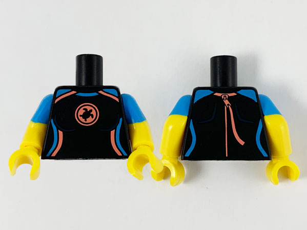 Lego Torso Female Wetsuit, Coral and Dark Azure Trim and Turtle Logo Pattern / Yellow Arms with Molded Dark Azure Short Sleeves Pattern / Yellow Hands