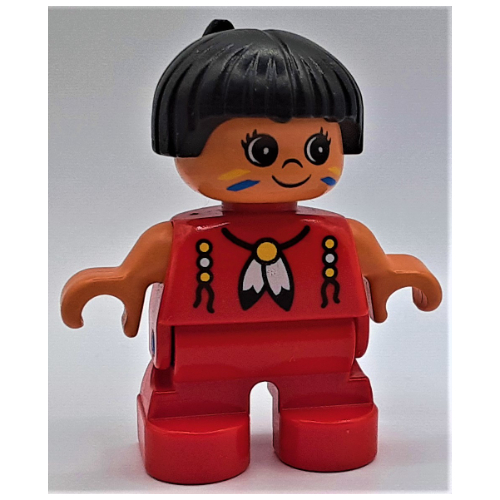 Lego Duplo Figure, Early Child, Hair with Feather Black, Red Legs, White Feathers Print / Red