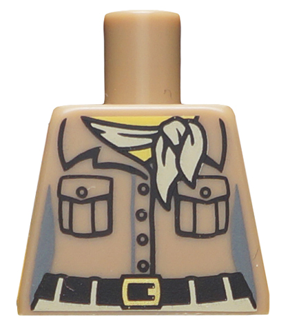Lego Torso Female Safari Shirt with Buttons and Pockets, Black Belt with Gold Buckle, Tan Neckerchief Scarf, Yellow Neck Pattern / Dark Tan