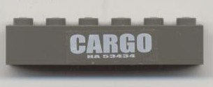Lego Brick 1 x 6 with 'CARGO' and 'HA 53434' Pattern (Sticker) - Set 4512 / Dark Gray