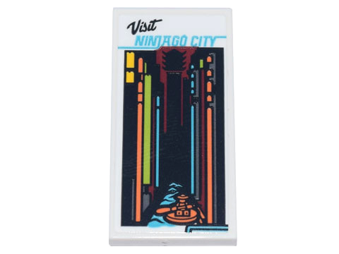 Lego Tile 2 x 4 with Poster 'Visit NINJAGO CITY', Streetscape and Minifigure Paddling on River Pattern (Sticker) - Set 71741