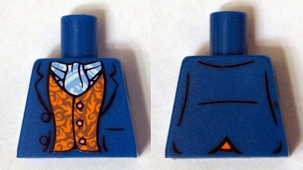 Lego Torso LotR Jacket Open over Orange Vest with Copper Buttons, Bright Light Blue and White Ascot Pattern / Blue