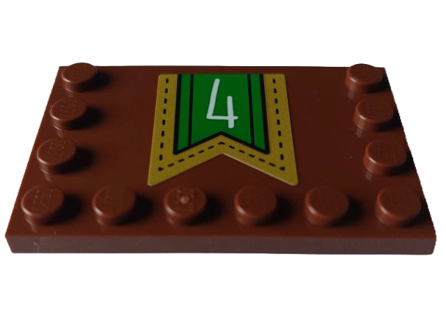 Lego Tile, Modified 4 x 6 with Studs on Edges with White Number 4 on Green Banner with Gold Border Pattern (Sticker) - Set 4002023 / Reddish Brown